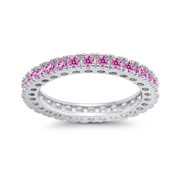 Eternity Wedding Band Rings Round Simulated Pink CZ 925 Sterling Silver